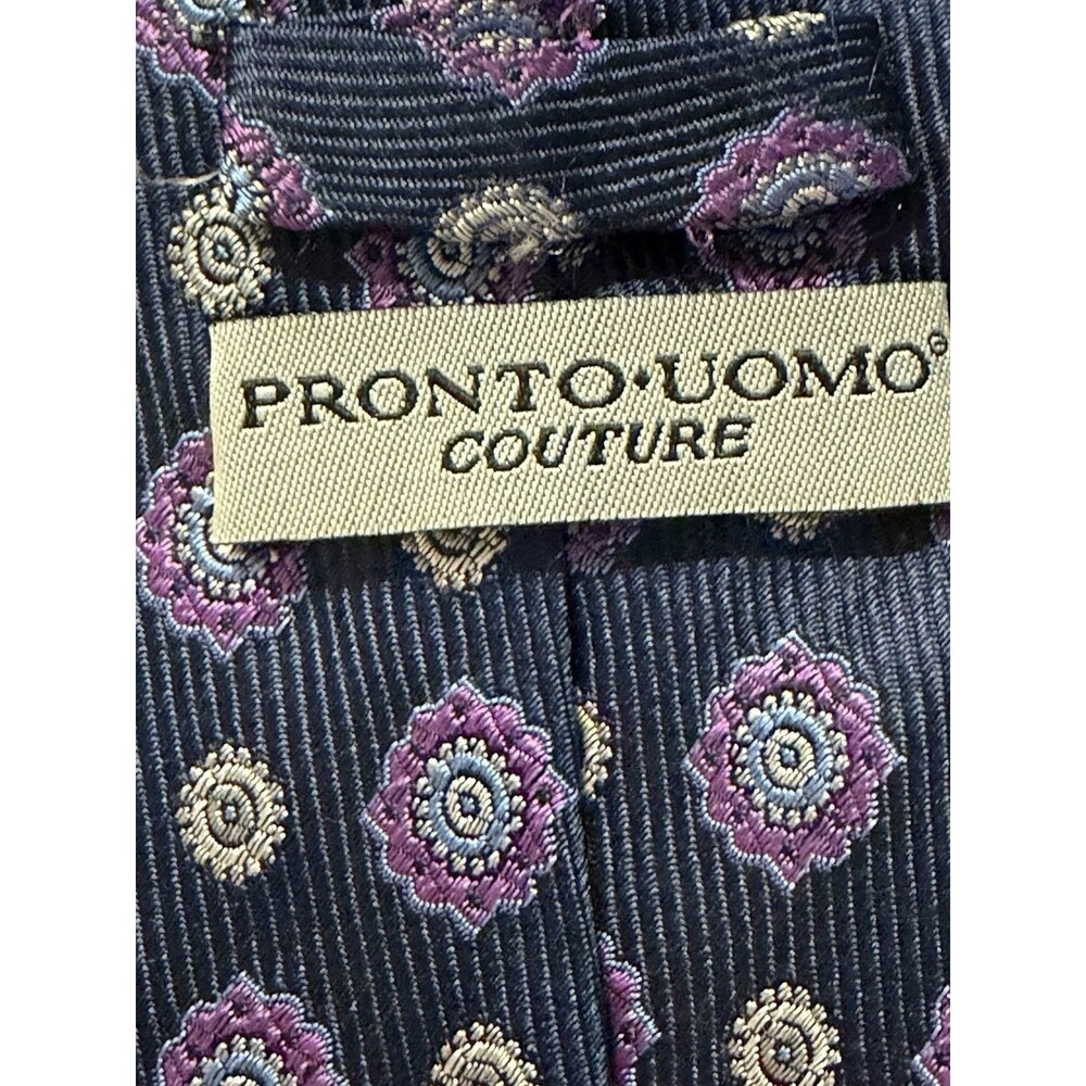 Pronto Uomo Men’s Neck Tie 100% Silk Blue Geometric/ Navy Purple Dots 60" - Picture 4 of 5